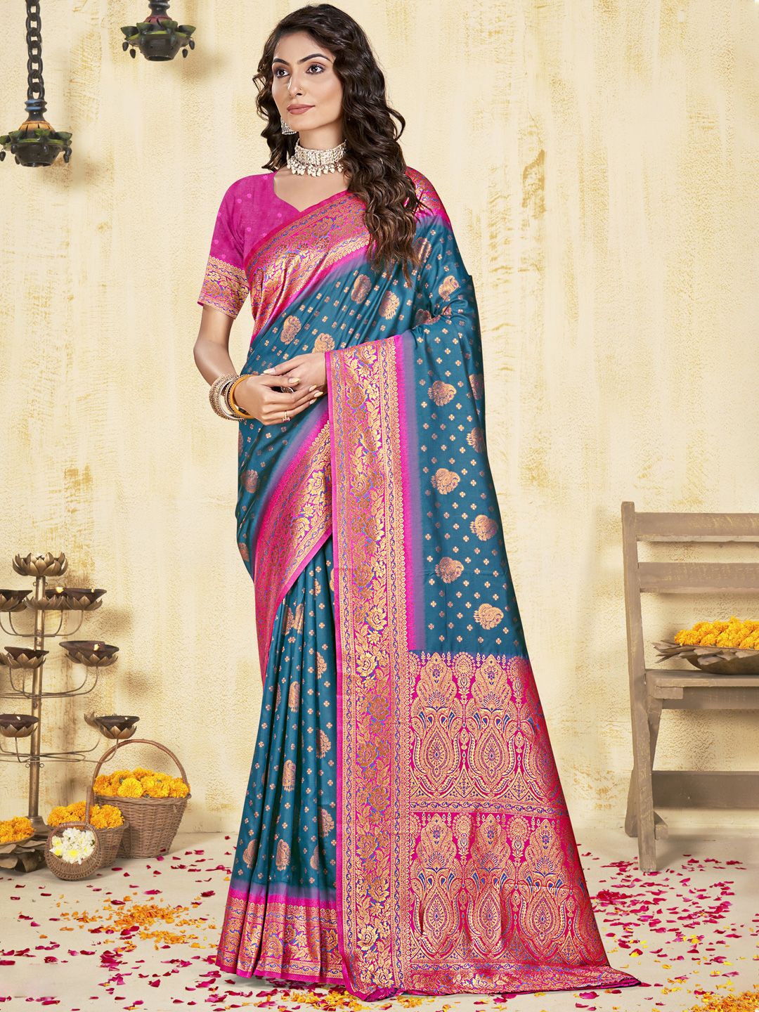 

SANGAM PRINTS Woven Design Zari Silk Blend Tussar Saree, Blue