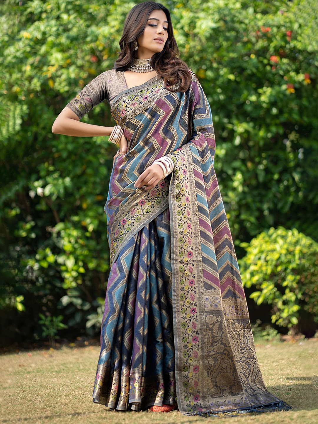 

ISHIKA FAB Leheriya Zari Organza Banarasi Saree, Teal