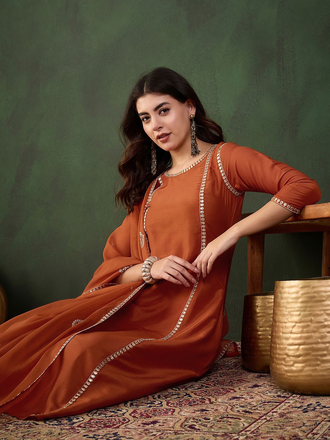 

Sangria Gotta Work Embroidered A-Line Kurta & Trouser With Dupatta, Orange