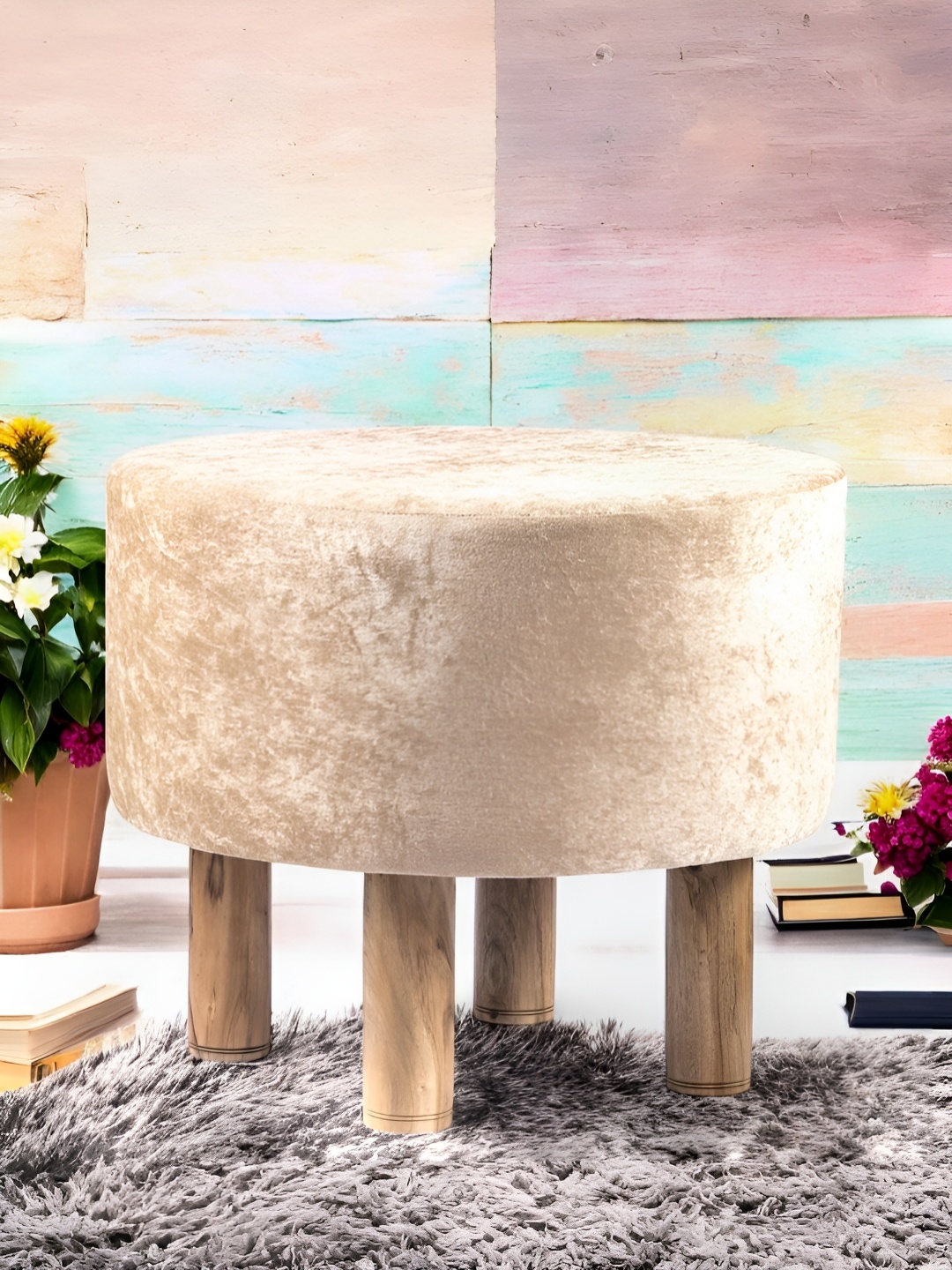 

Ikiriya Beige Sparkling Wooden Round Ottomans