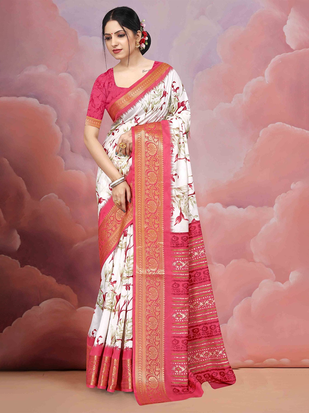 

STAVA CREATION Floral Zari Silk Cotton Mysore Silk Saree, Pink