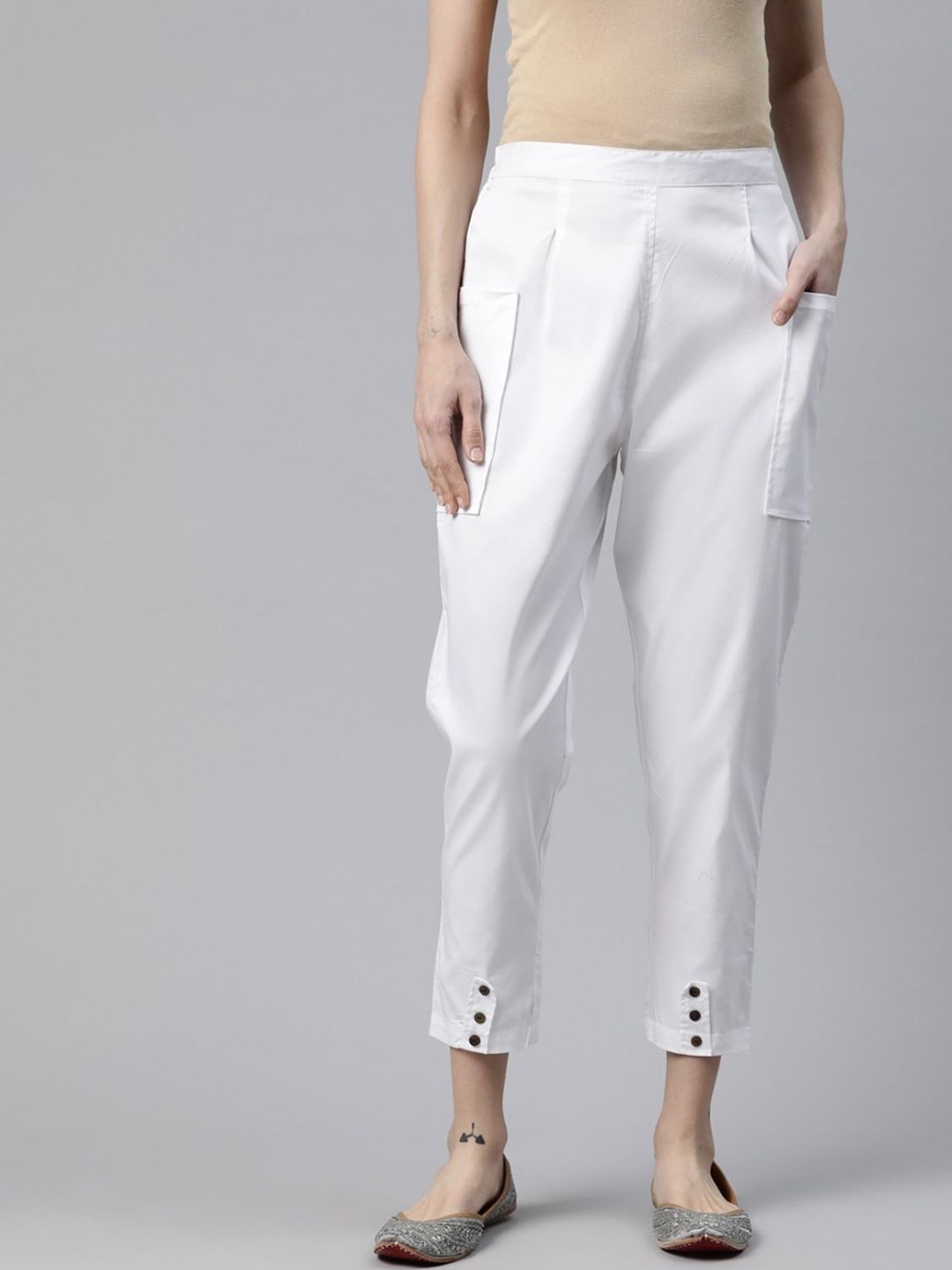 

BCZ Style Women Pleated Regular Fit Cigarette Trousers, White