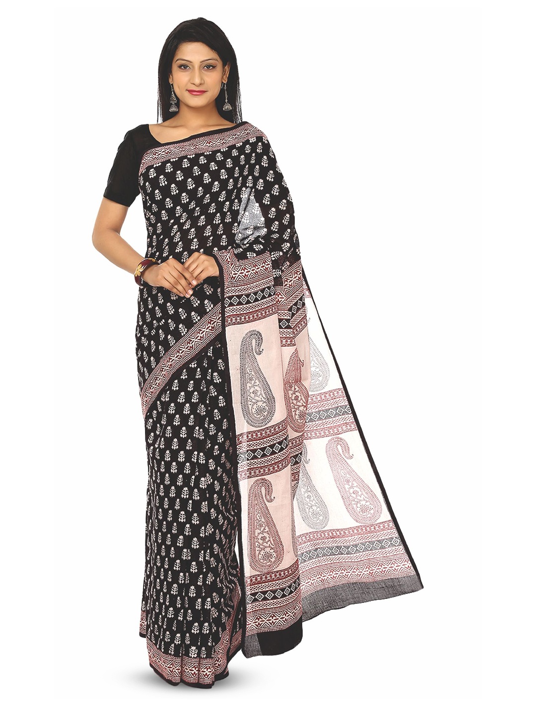 

Kalakari India Floral Pure Cotton Bagh Saree, Black