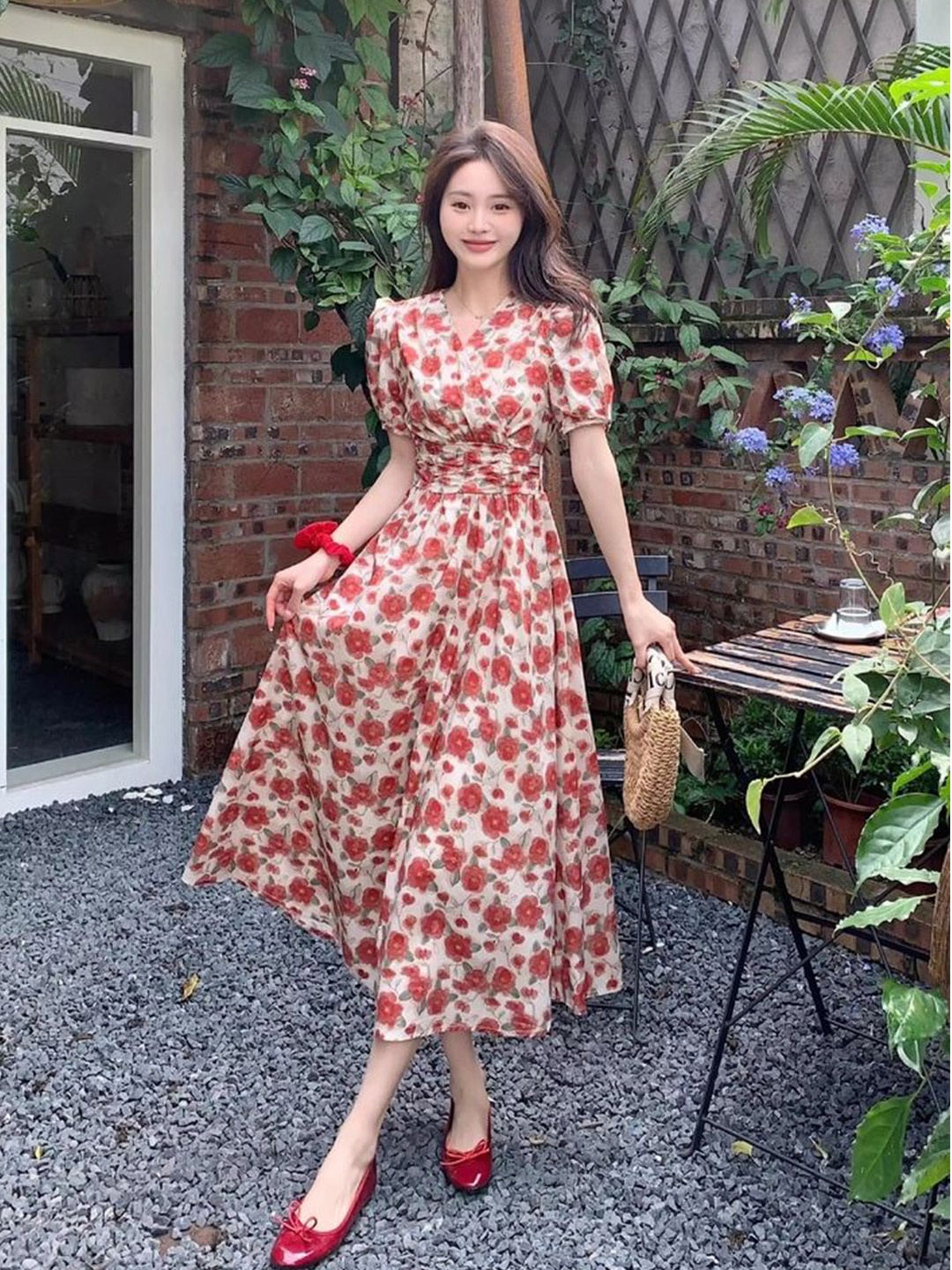 

LULU & SKY Women Floral Printed Wrap Midi Dress, Red