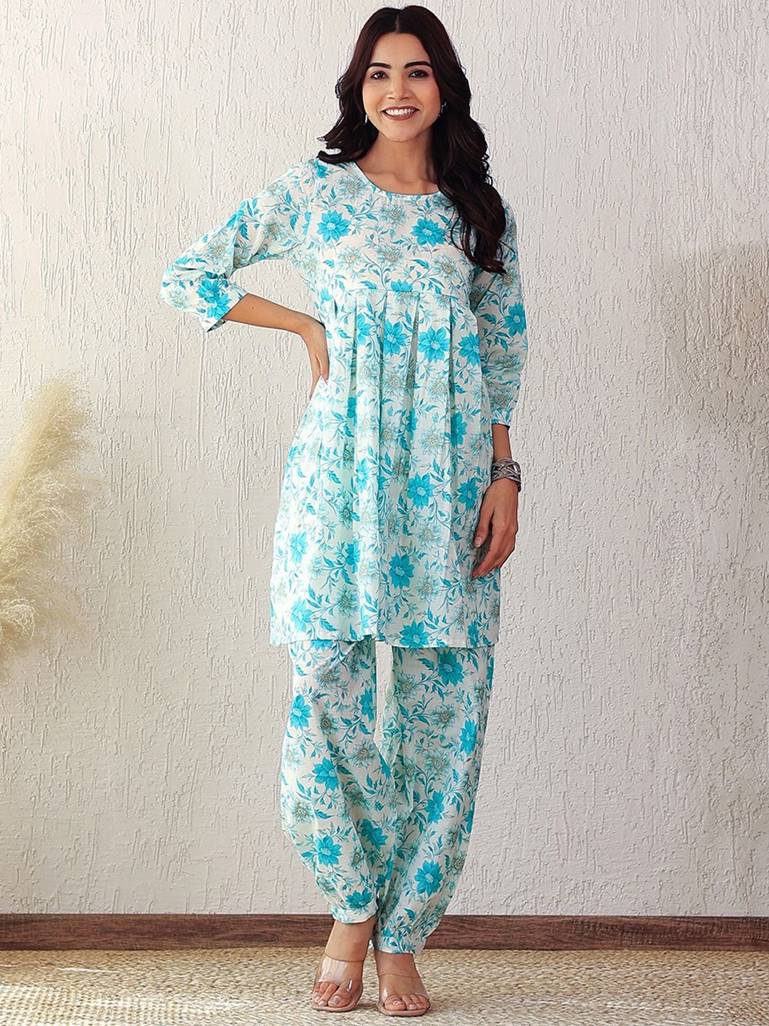 

GMI Round Neck Printed Pure Cotton Tunic With Trousers, Blue