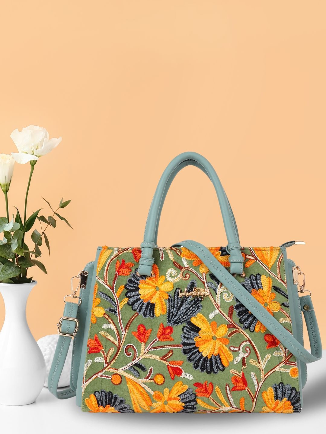 

LIKE STYLE Ethnic Motifs Textured Structured Shoulder Bag, Lime green