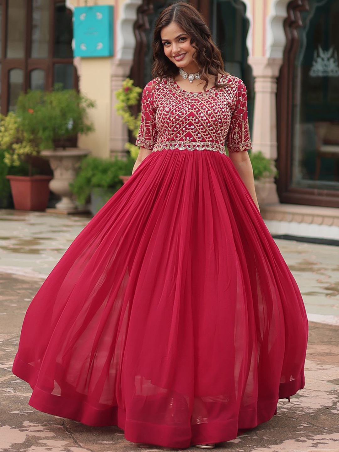 

Fashion Basket Women Geometric Embroidered Maxi Gown, Pink