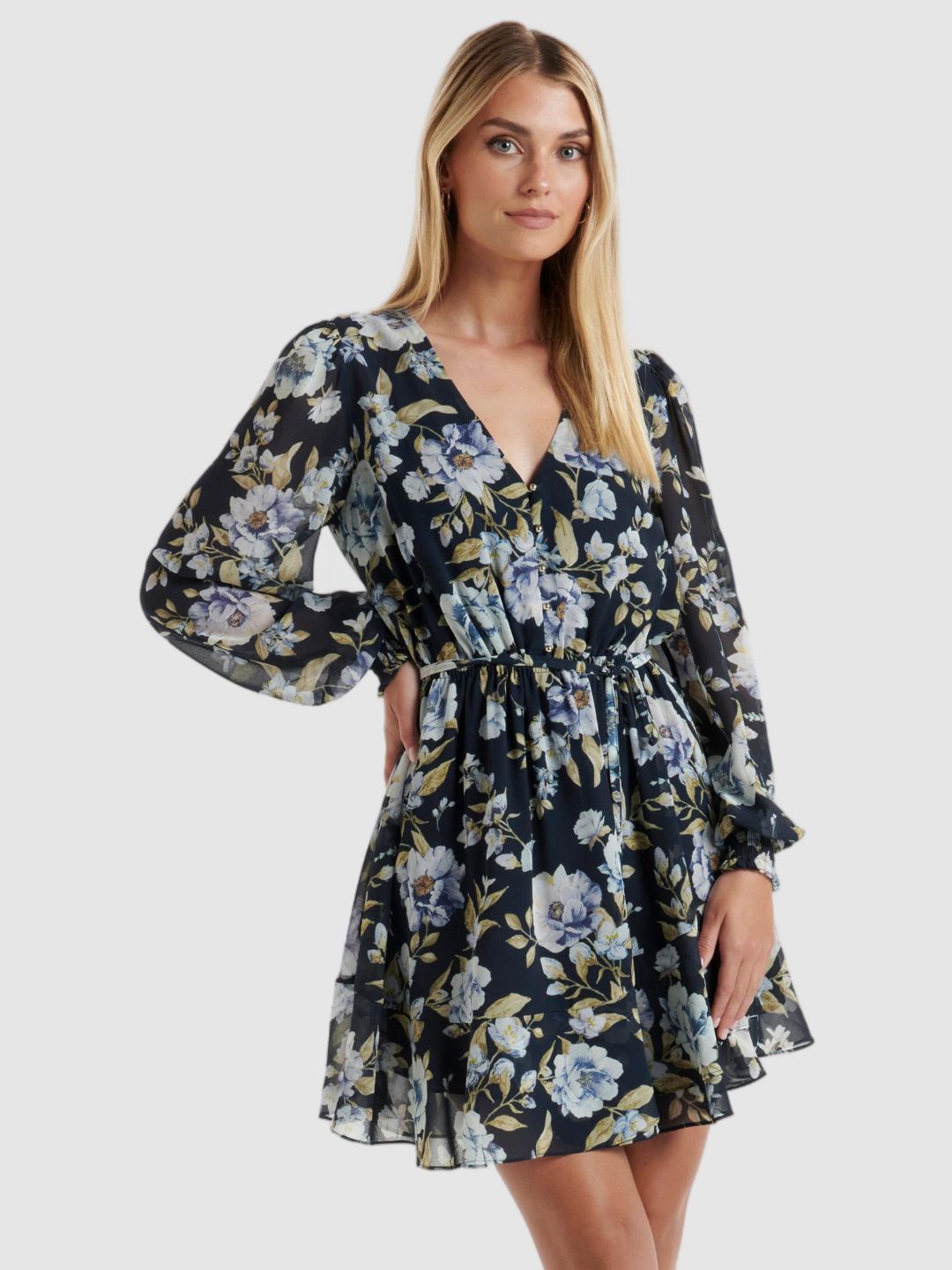 

Forever New Floral Print Bishop Sleeve Fit & Flare Mini Dress, Multi