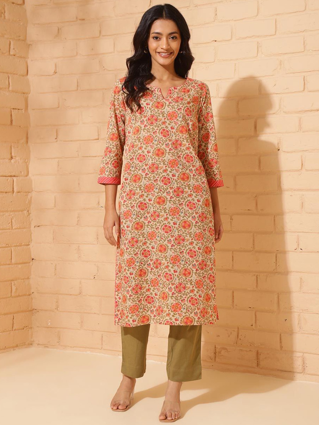 

Fabindia Women Ethnic Motifs Printed Mirror Work Kurta, Beige