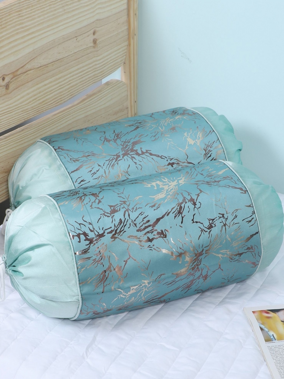 

MFD HOME FURNISHING 2-Pcs Blue Printed Velvet Bolster Covers