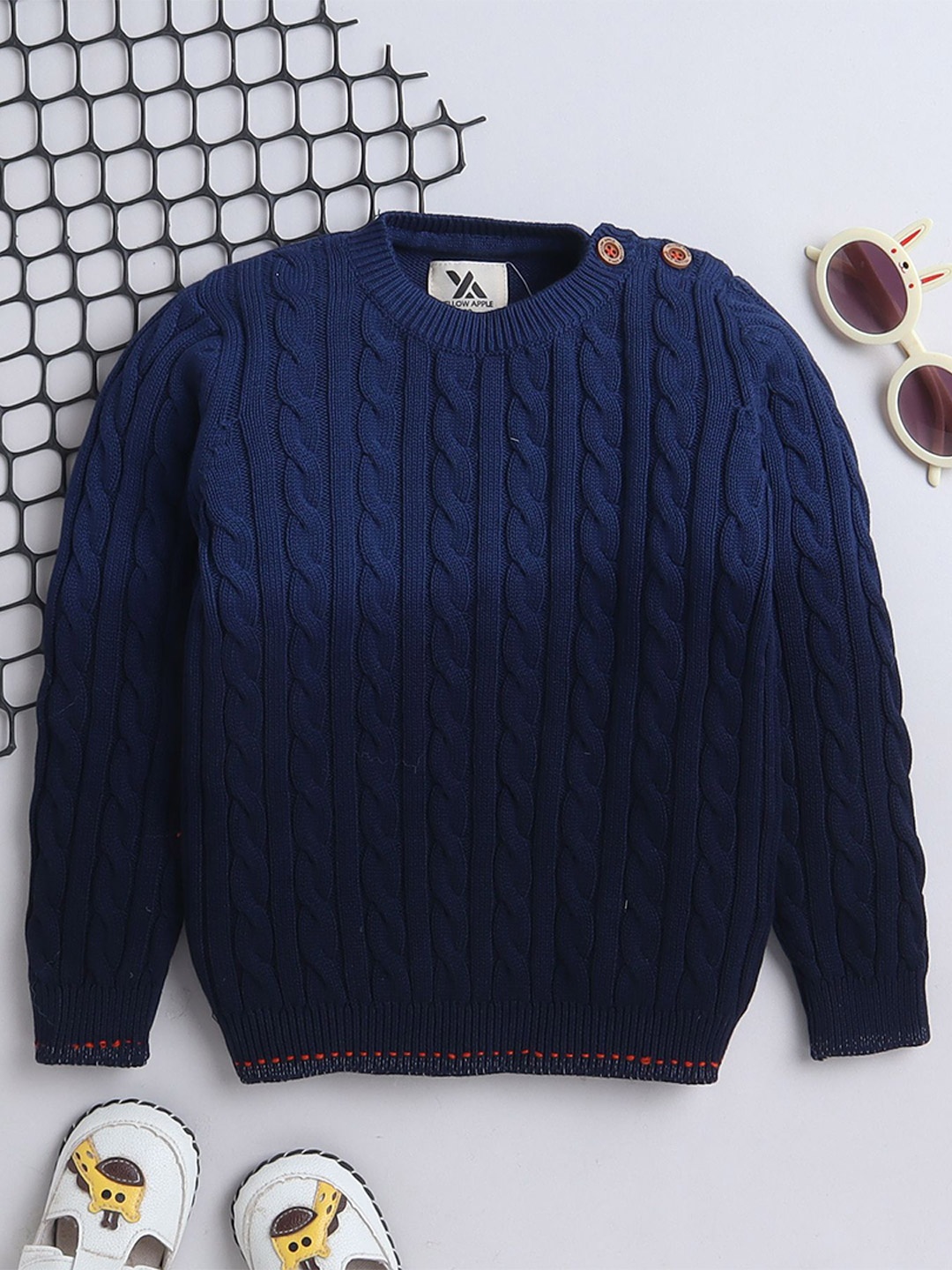 

Yellow Apple Boys Cable Knit Woollen Pullover, Navy blue