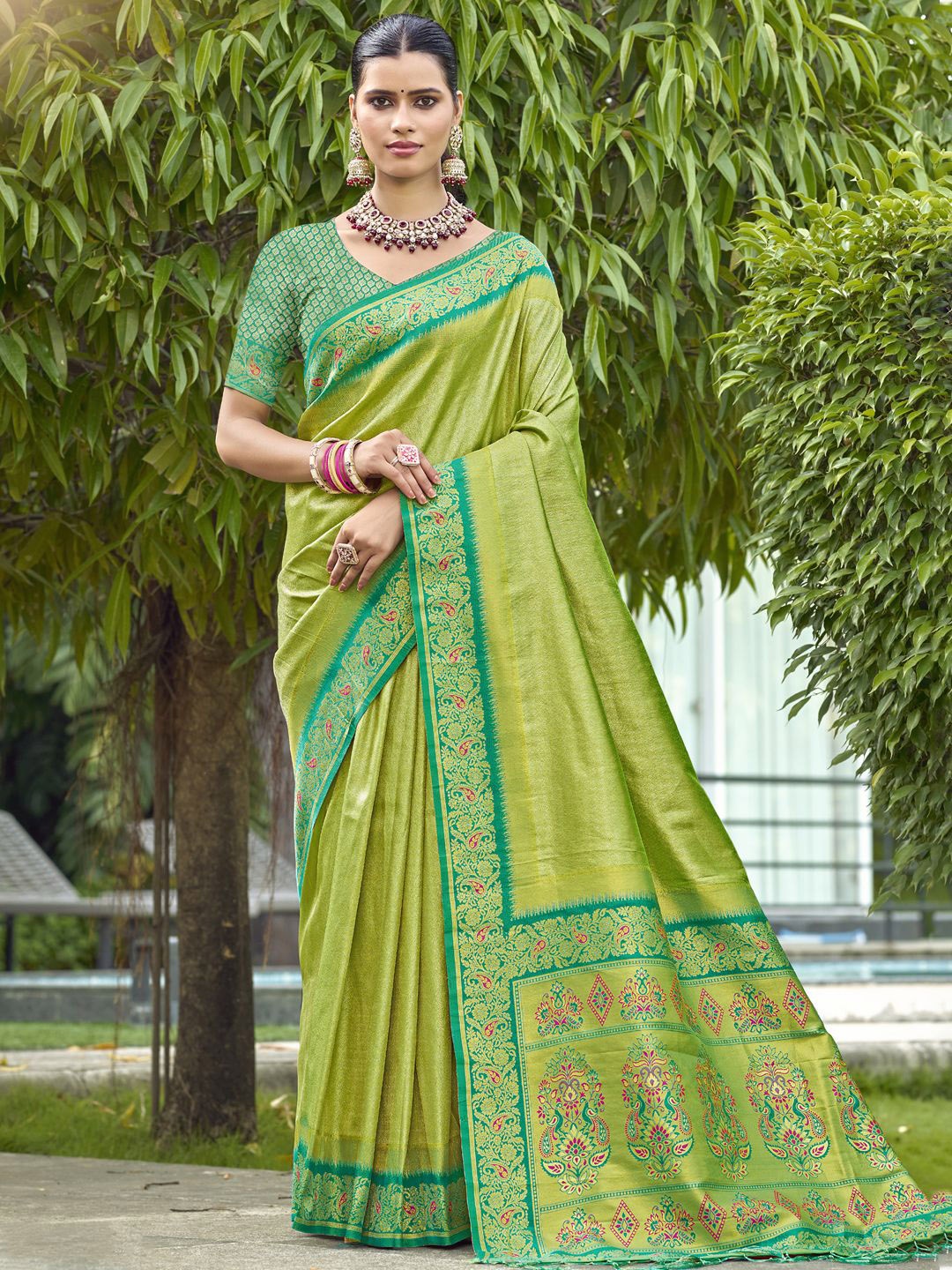 

SANGAM PRINTS Woven Design Silk Blend Designer Tussar Saree, Sea green