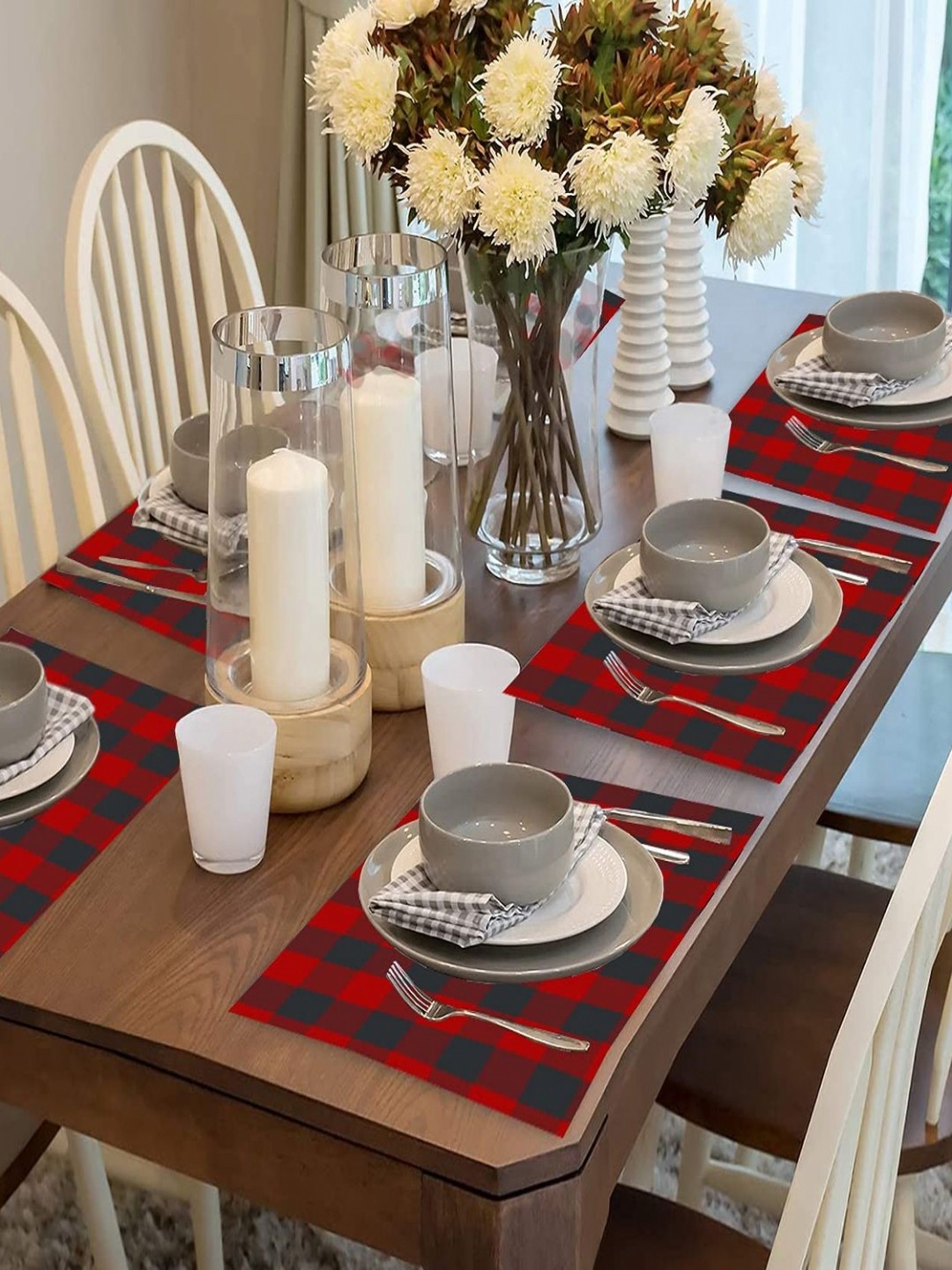 

Lushomes Red & Black 6 Pieces Checked Cotton Table Placemats