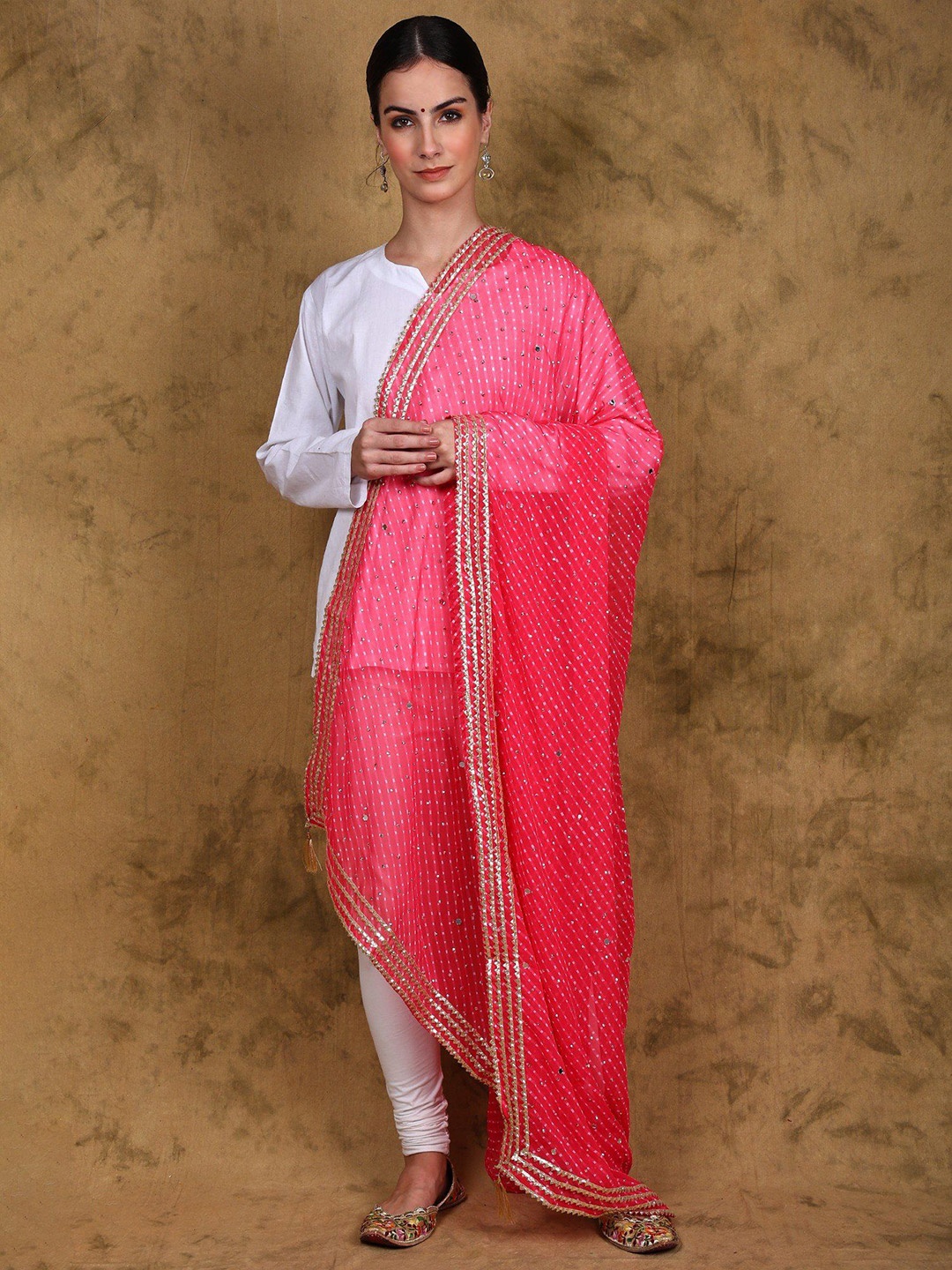 

Exotic India Georgette Printed Dupatta with Bead Mirror work and Lace Border, Pink