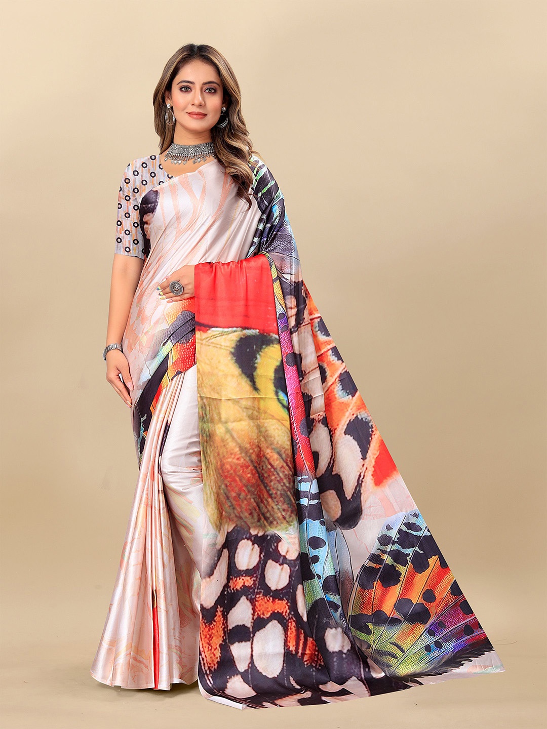 

Anouk Abstract Printed Satin Saree, Cream
