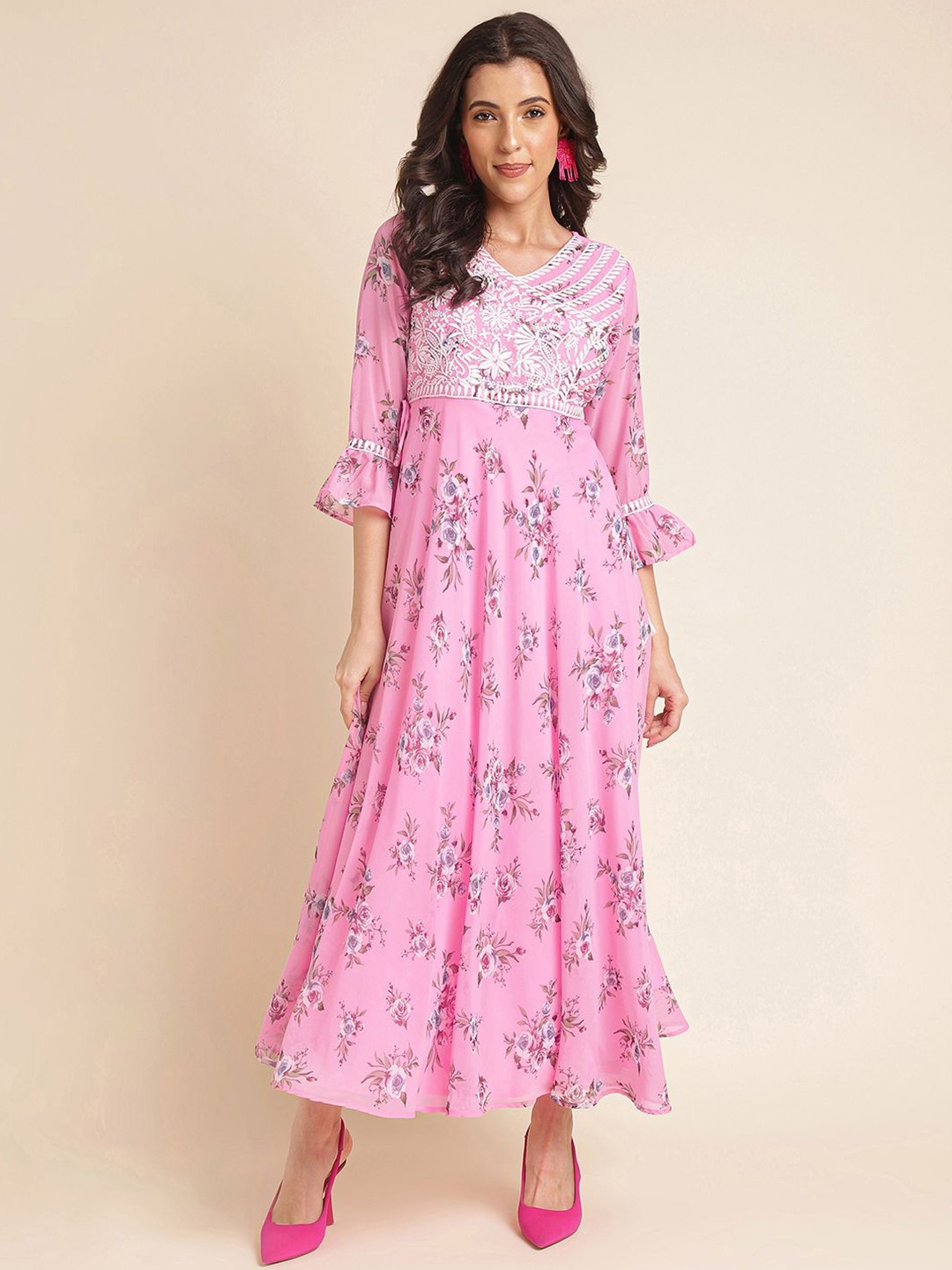 

all about you Embellished Embroidered Georgette Fit & Flare Maxi Dress, Pink