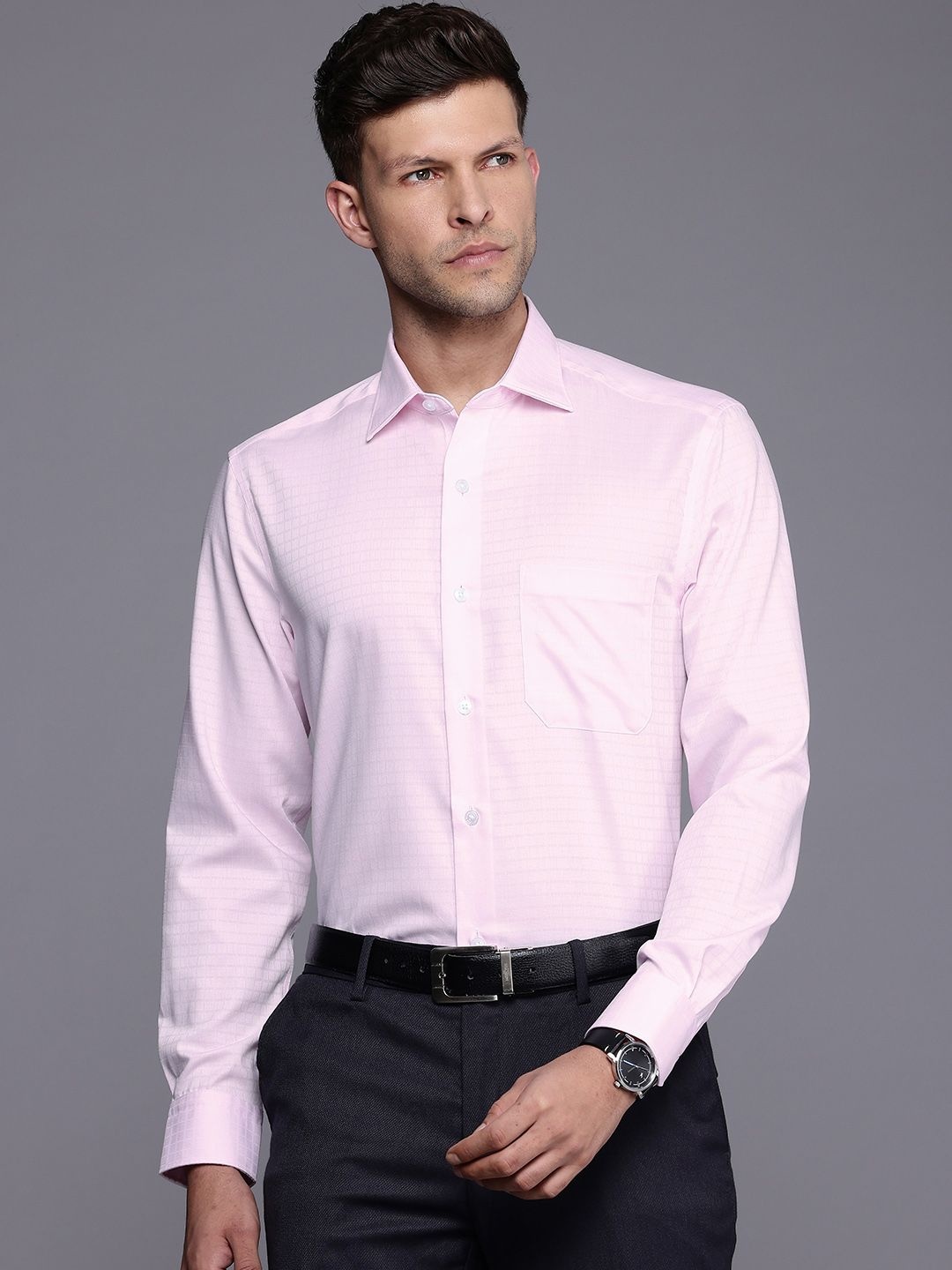 

Louis Philippe Pure Cotton Self Checked Classic Fit Opaque Formal Shirt, Pink