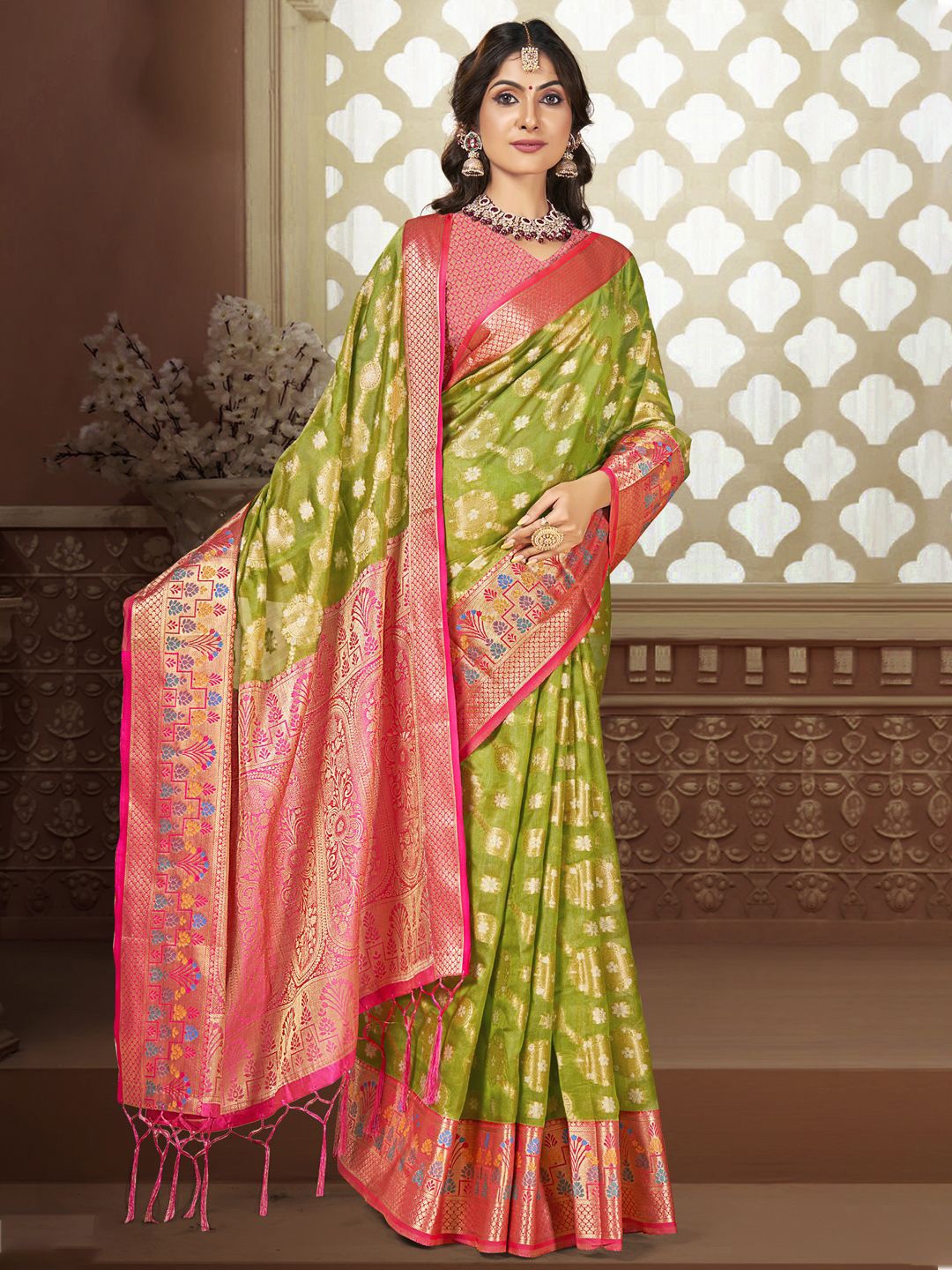 

SANGAM PRINTS Woven Design Zari Silk Blend Tussar Saree, Sea green