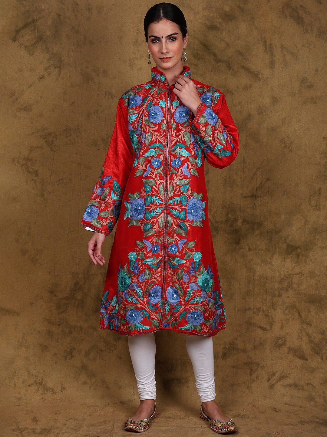 

Exotic India Women Floral Tailored Jacket with Embroidered, Red