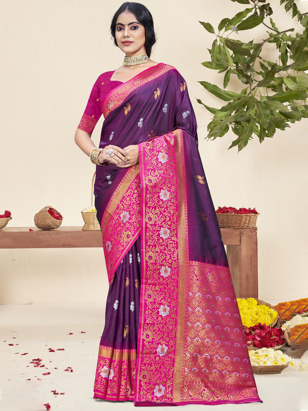 

SANGAM PRINTS Woven Design Zari Silk Blend Tussar Saree, Purple