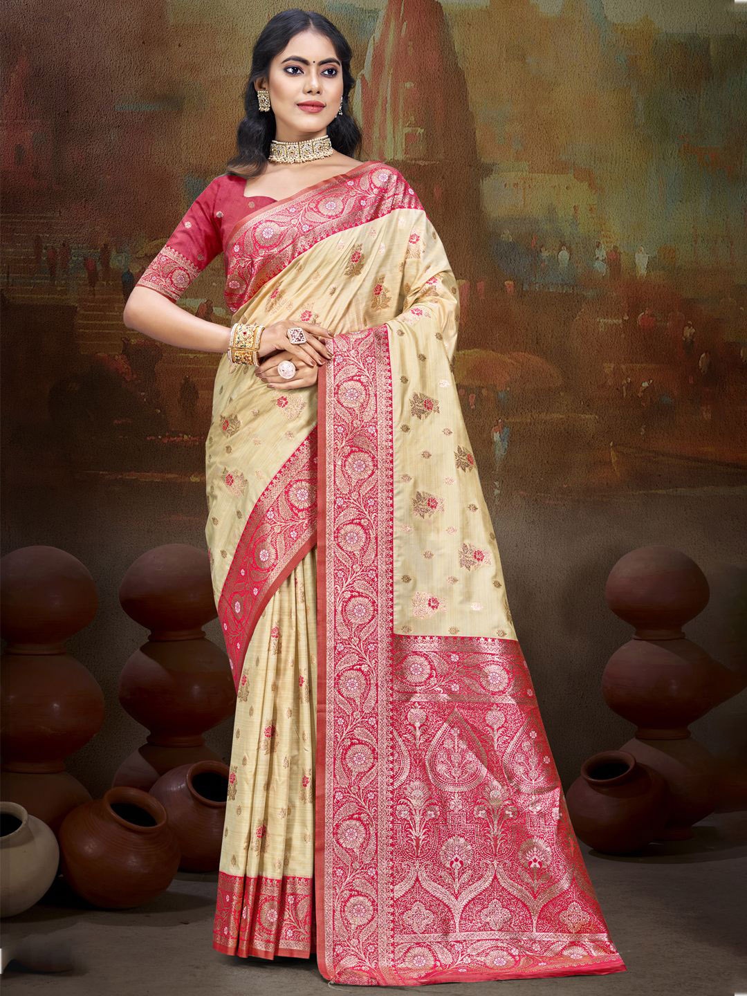

SANGAM PRINTS Woven Design Silk Blend Designer Tussar Saree, Beige