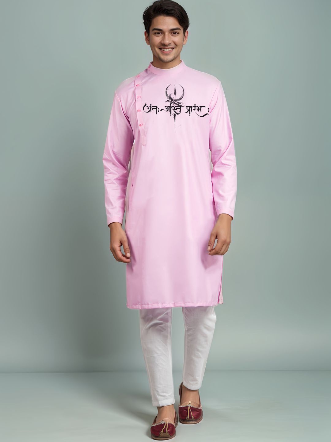 

DEVOILER Men Ethnic Motifs Printed Thread Work Kurta, Pink