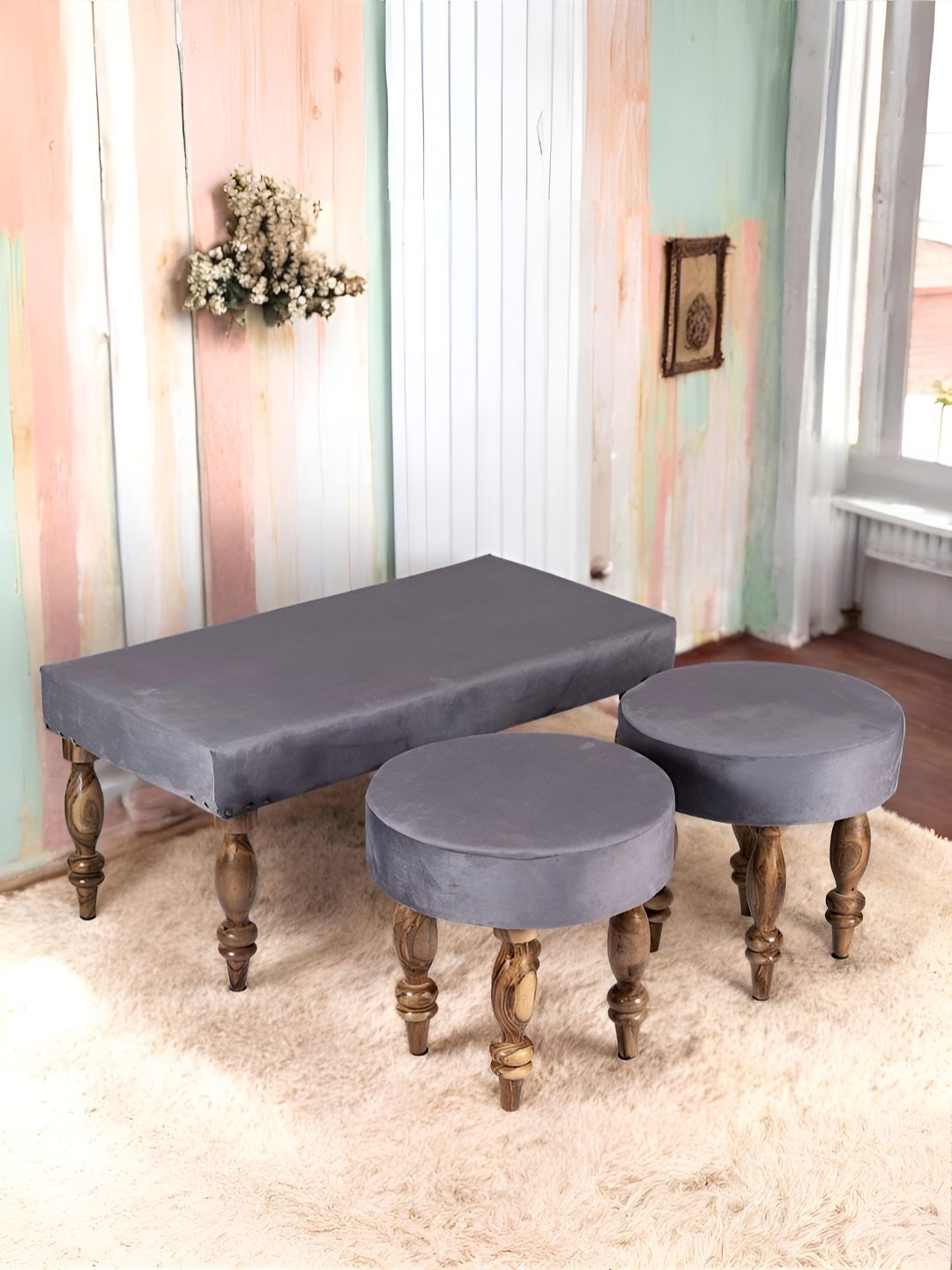 

Ikiriya Grey & Brown Sheesham Wood 2 Seater Bench & Stool Set