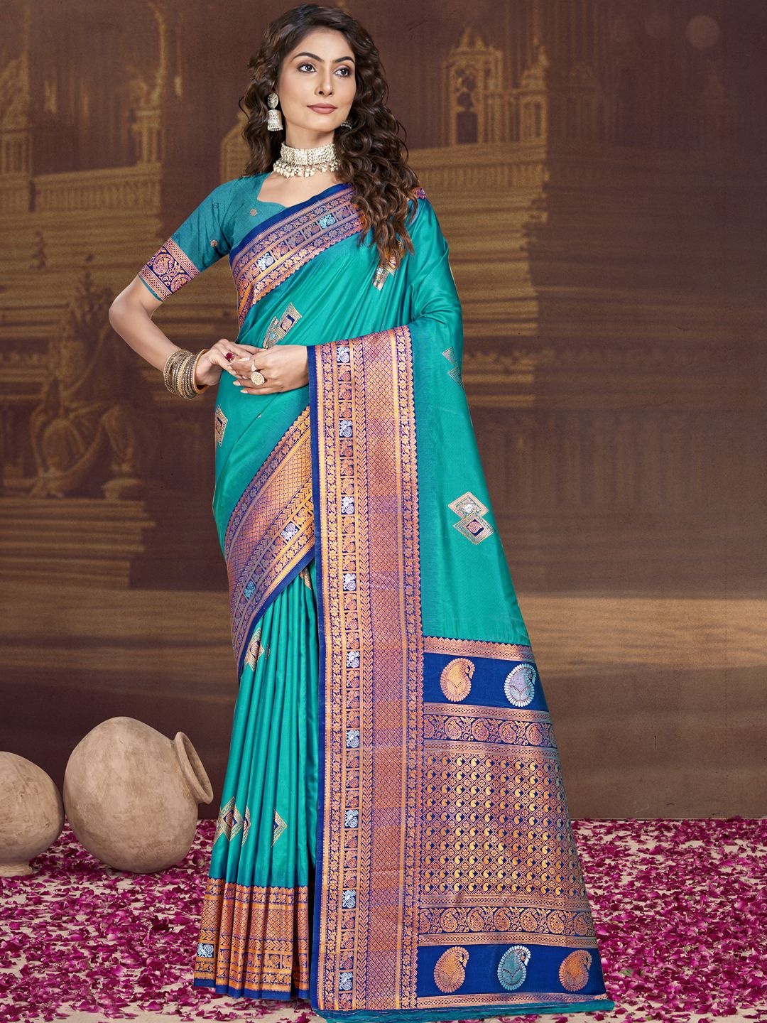 

SANGAM PRINTS Woven Design Zari Silk Blend Tussar Saree, Blue