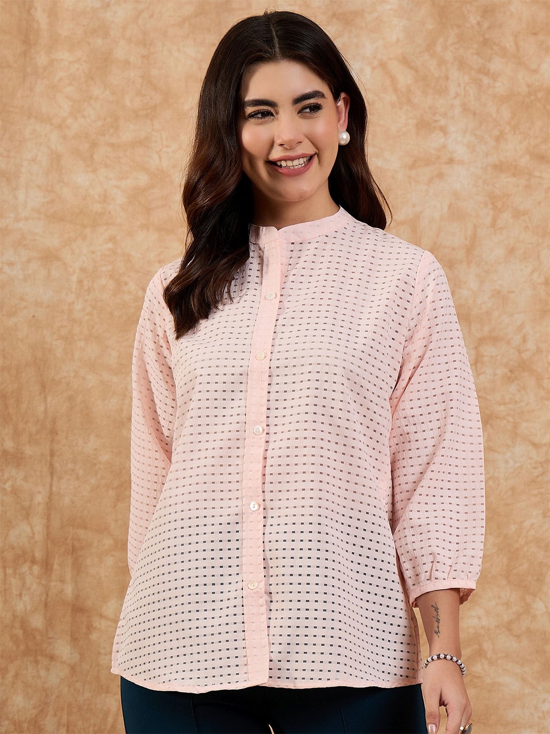 

Anouk Women Mandarin Collar Puff Sleeves Shirt, Pink