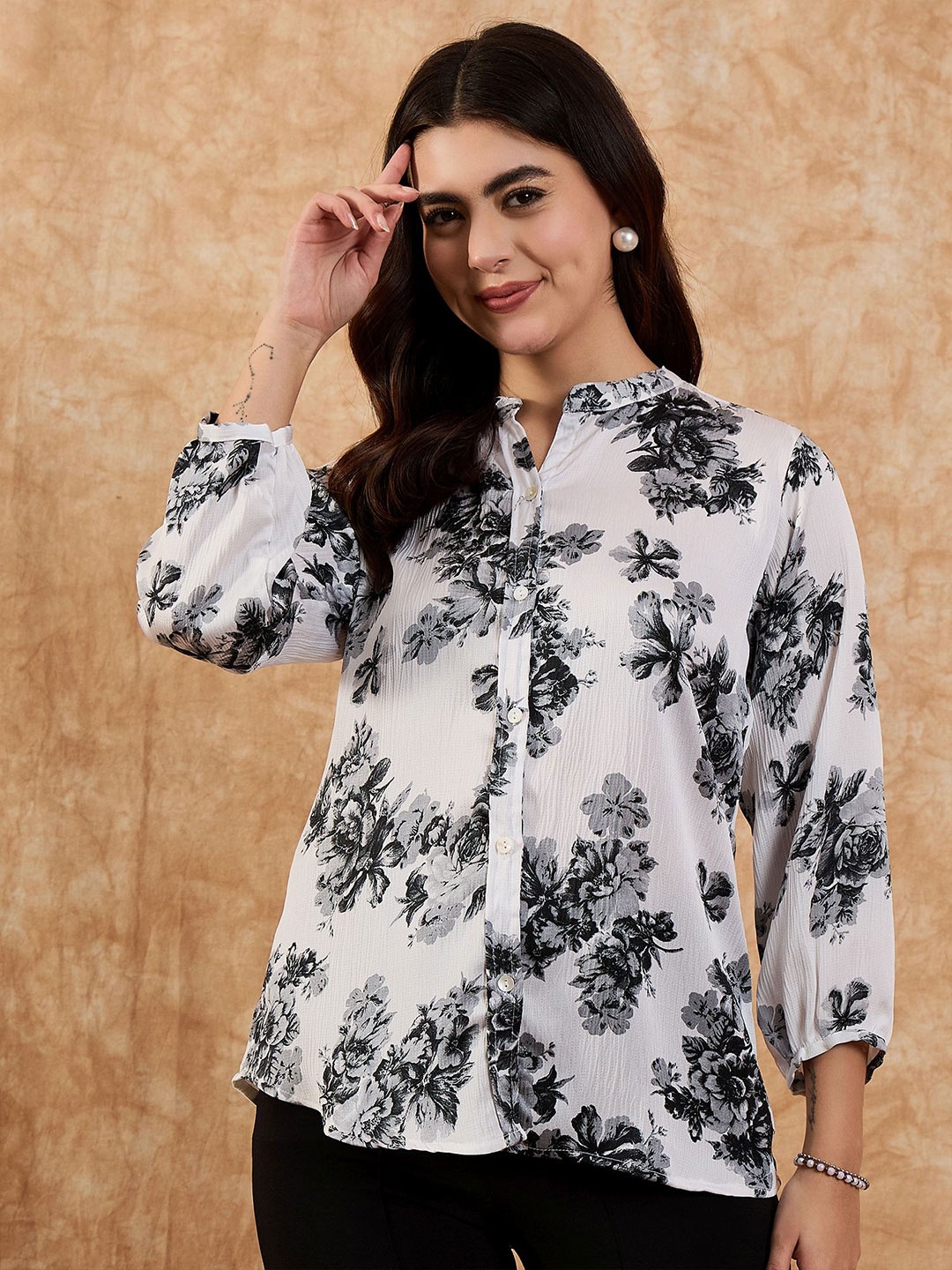 

Anouk Women Floral Printed Mandarin Collar Shirt, White