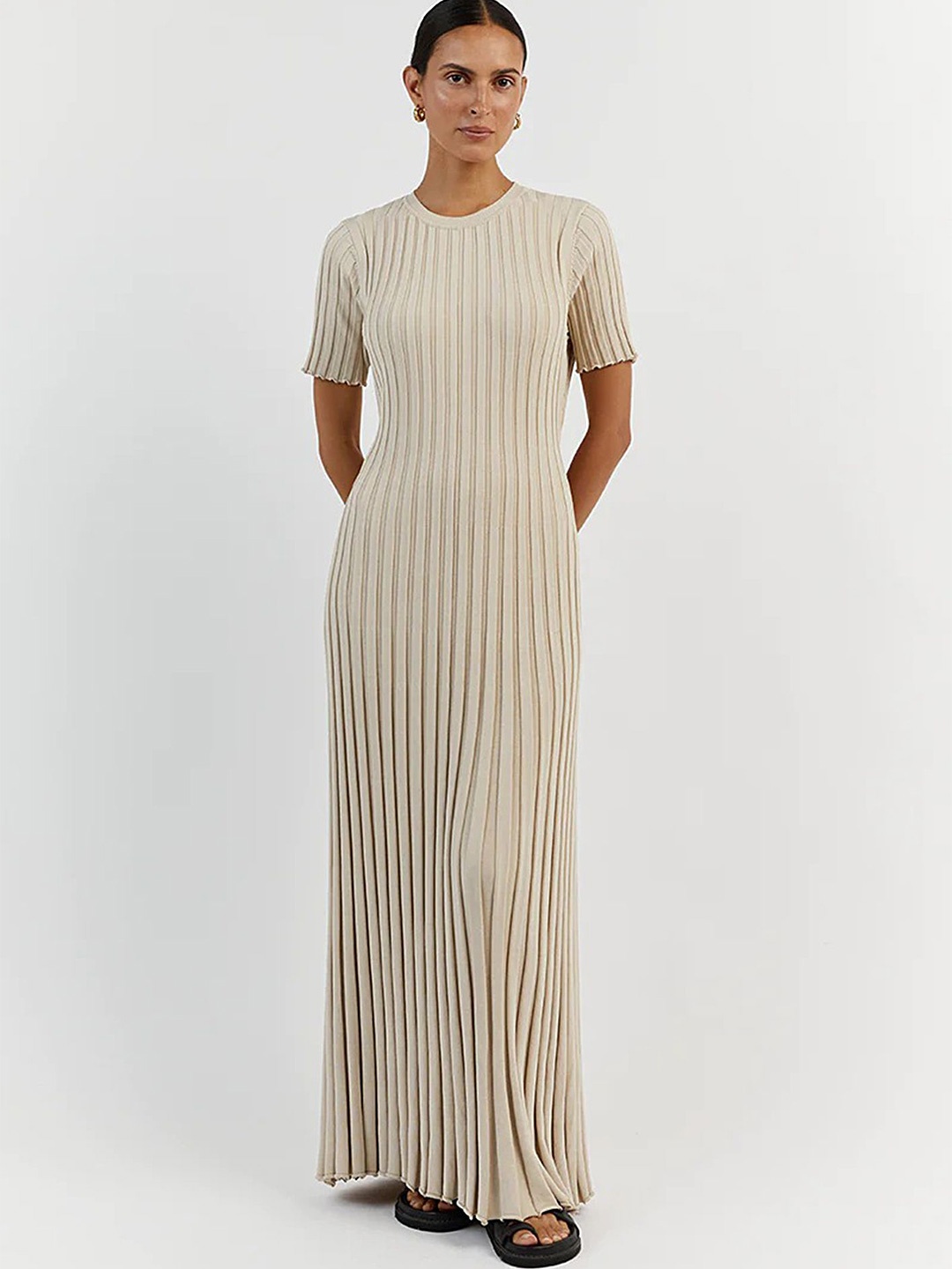 

LULU & SKY Women Striped Round Neck Maxi Dress, Beige