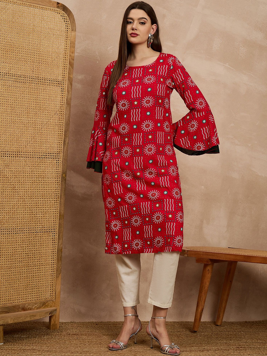 

all about you Women Ethnic Motifs Printed Bell Sleeves Kurta, Red