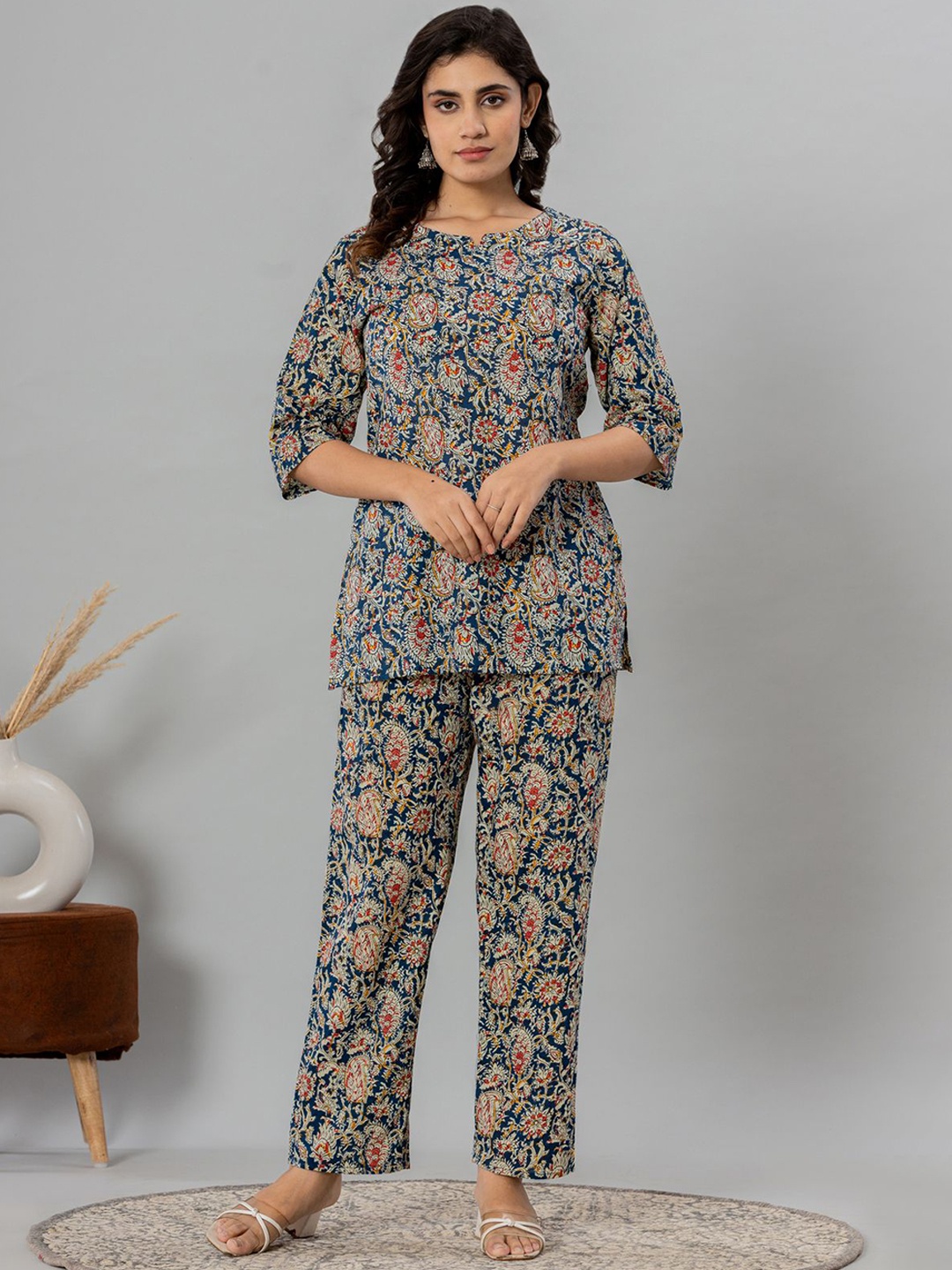 

Krati Creations Floral Printed Pure Cotton Tunic With Trousers Co-Ords, Blue