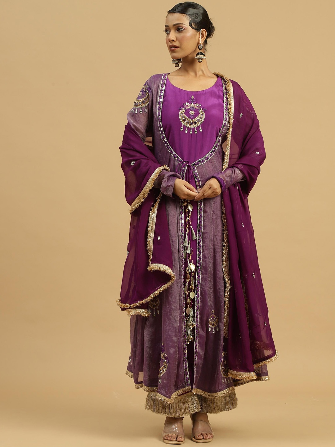 

Siyona by Ankurita Women Embroidered Angrakha Mirror Work Kurta with Trousers & With Dupatta, Purple