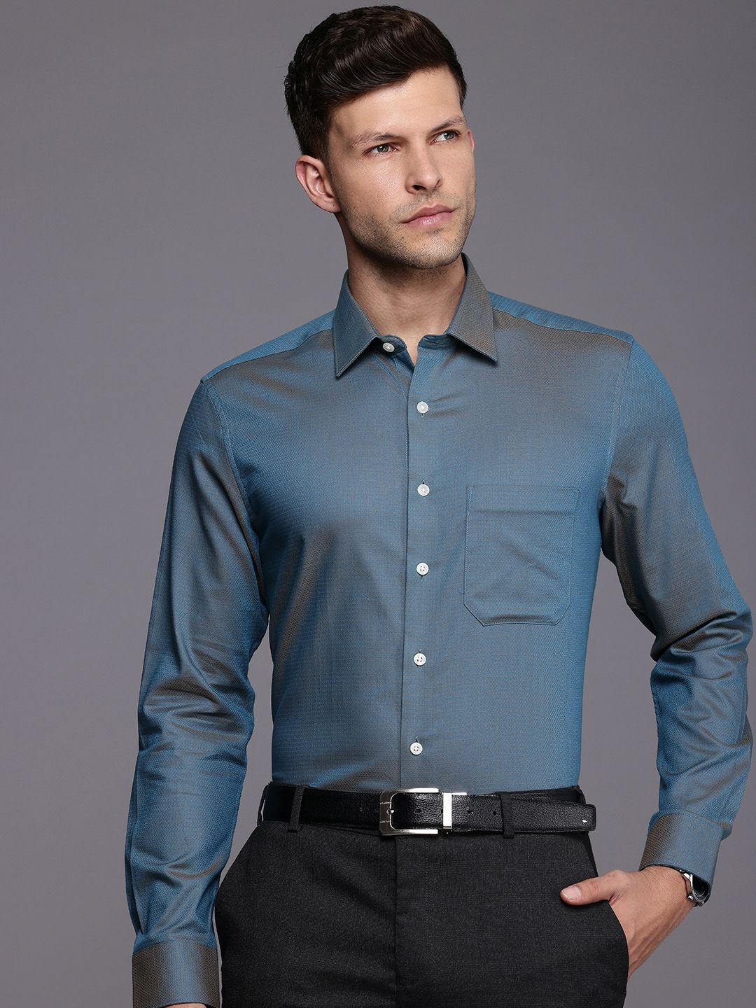 

Louis Philippe Pure Cotton Self Design Textured Slim Fit Opaque Formal Shirt, Blue