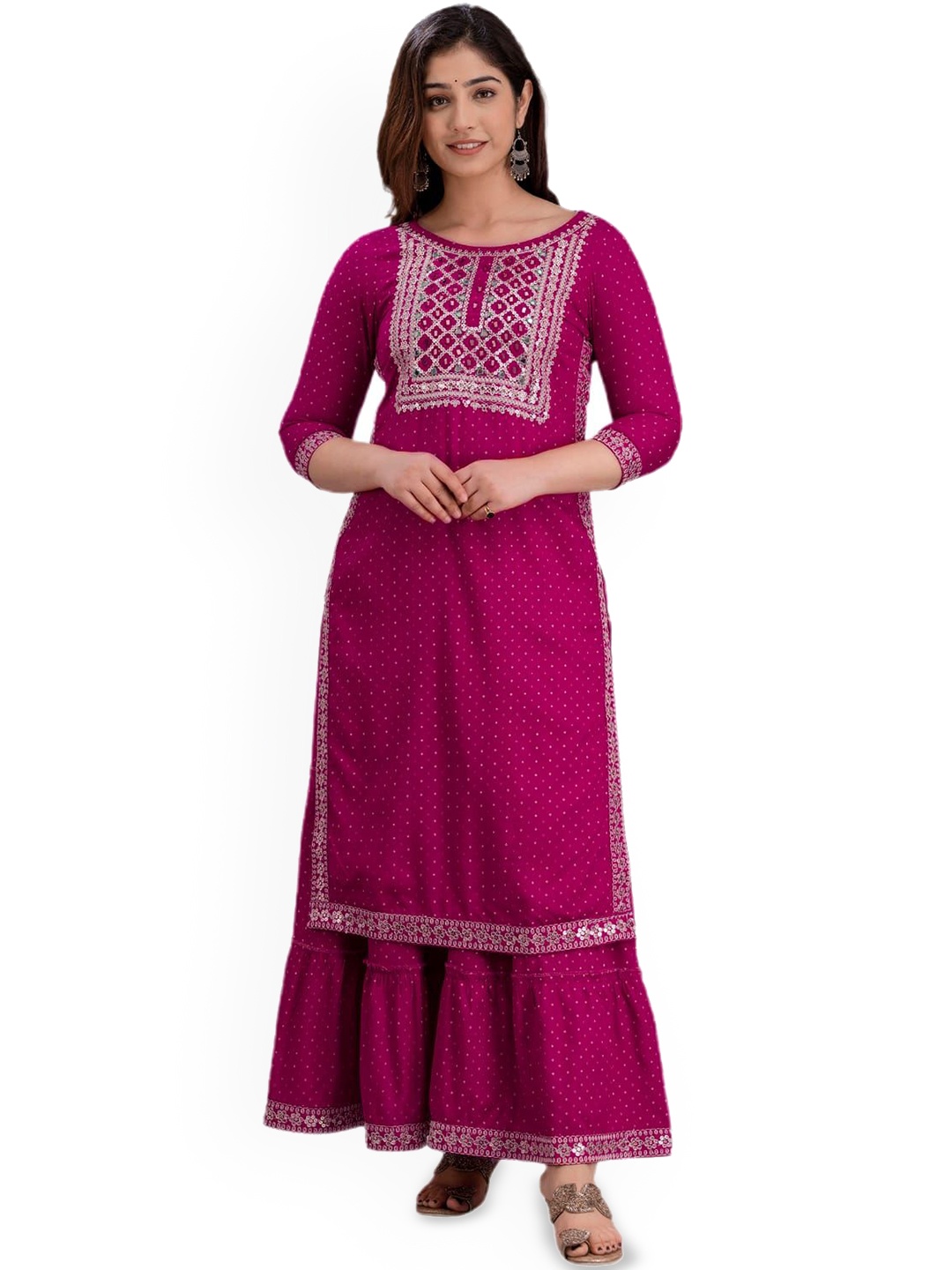 

SHOOLIN Women Ethnic Motifs Printed Empire Thread Work Kurta with Sharara & With Dupatta, Violet