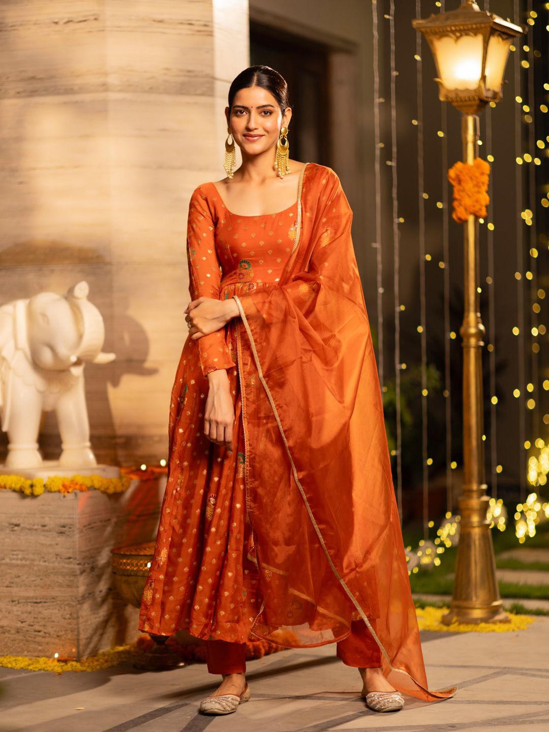 

Ambraee Women Embroidered Panelled Kurta with Trousers & With Dupatta, Orange