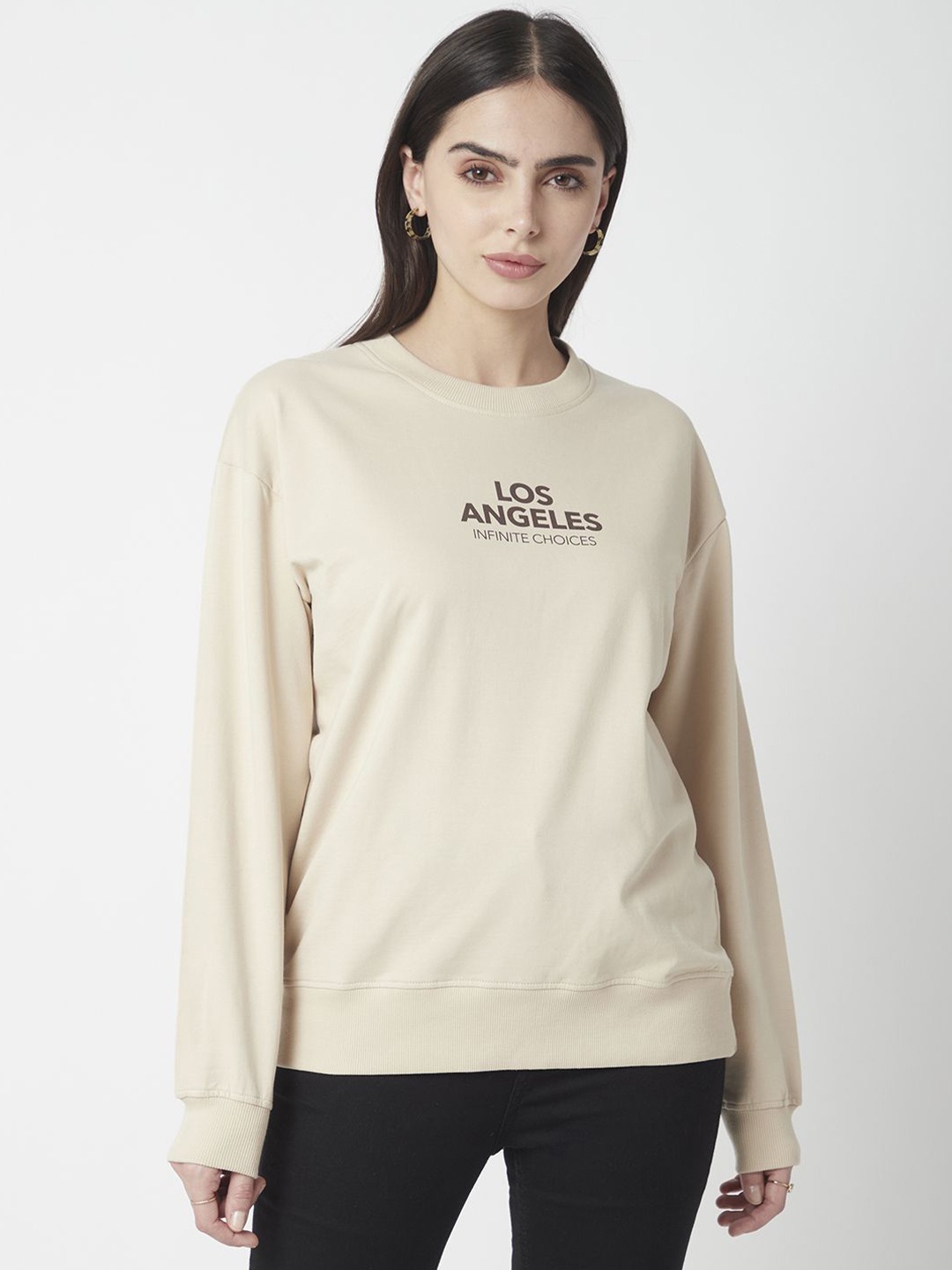

R&B Women Typography Printed Cotton Sweatshirt, Beige