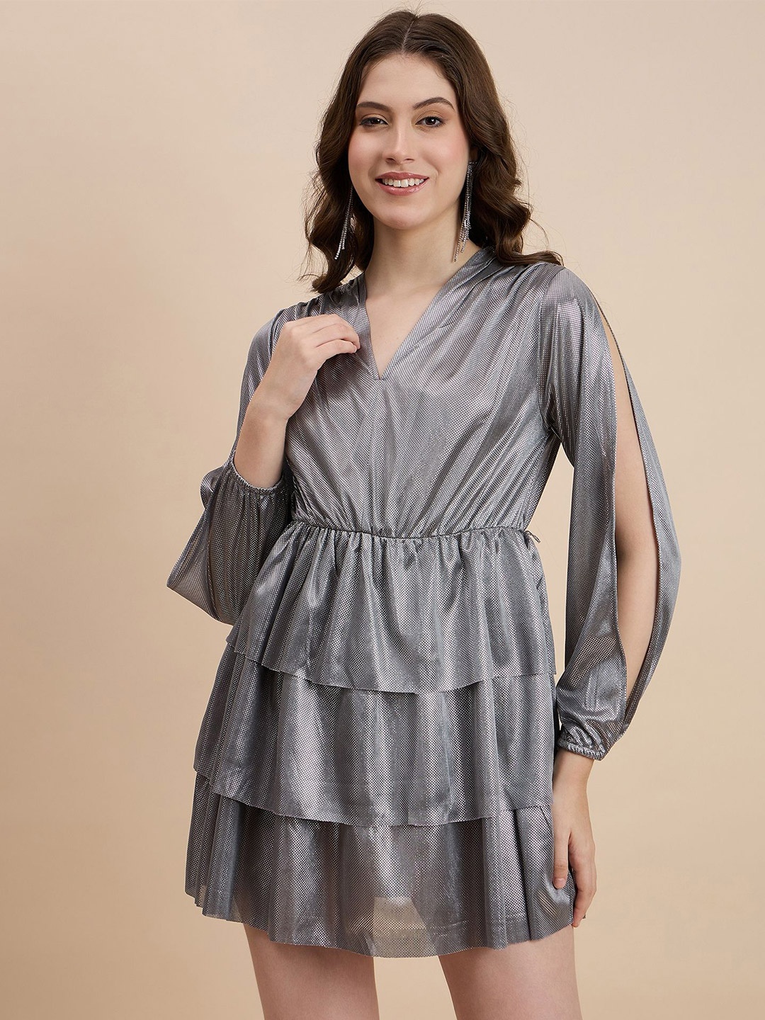 

DRAPE AND DAZZLE Slit Sleeve A-Line Mini Dress, Grey
