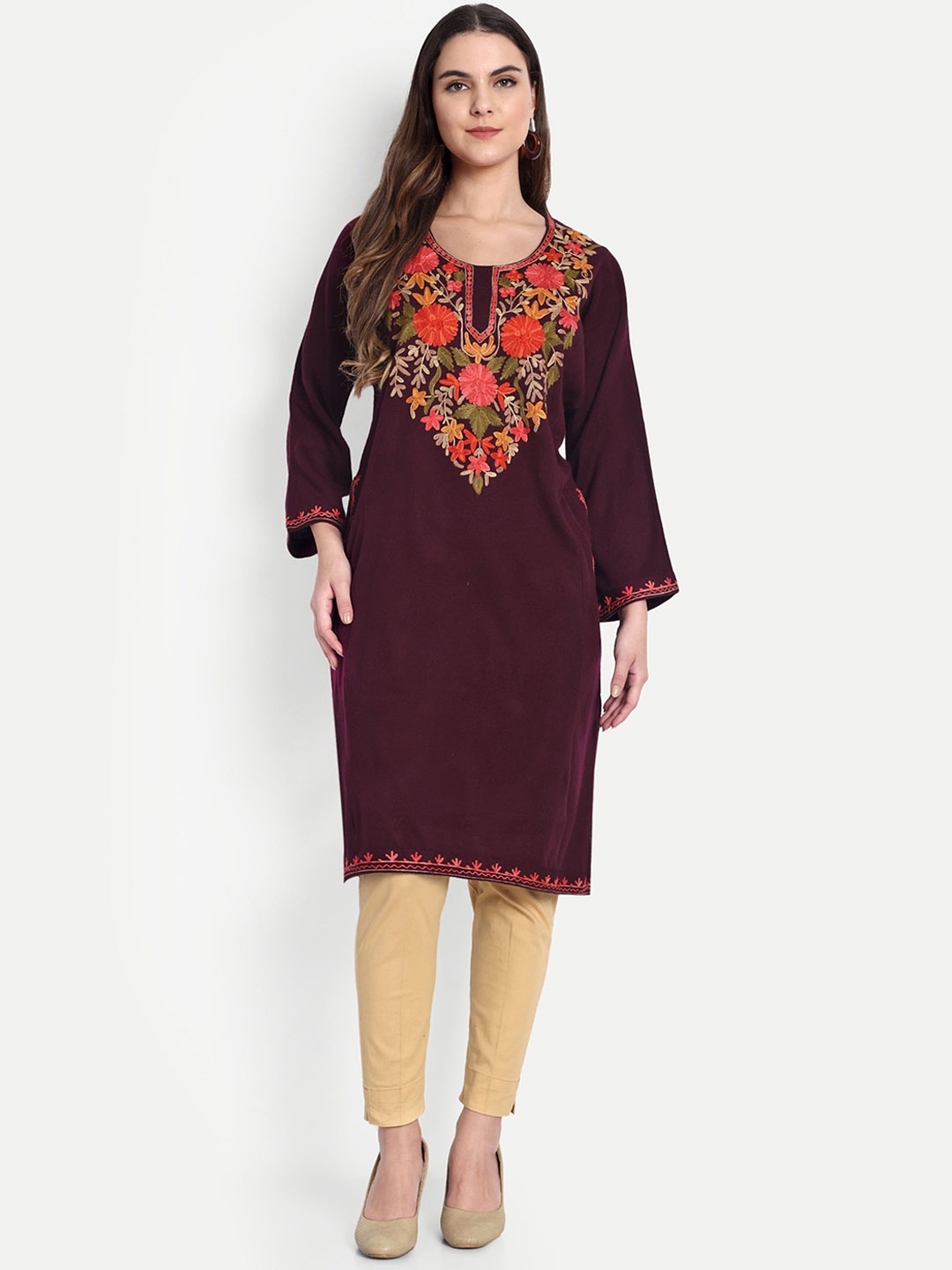 

HAUTEMODA Women Yoke Design Thread Work Woollen Kurta, Maroon
