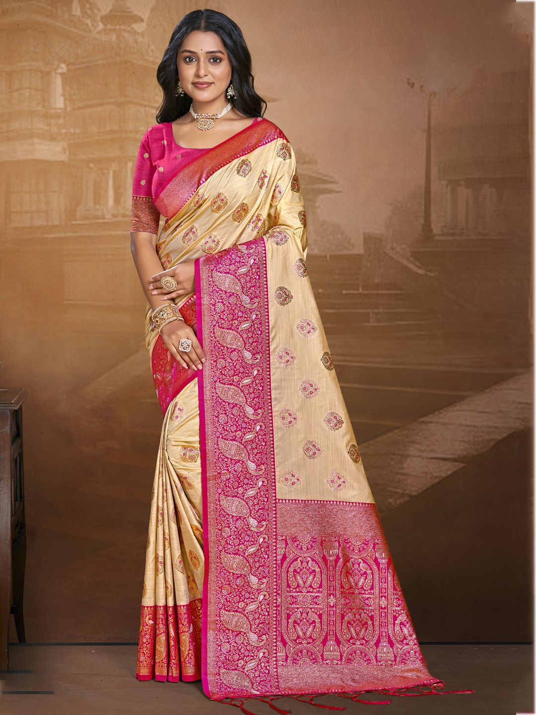 

SANGAM PRINTS Woven Design Silk Blend Designer Tussar Saree, Beige