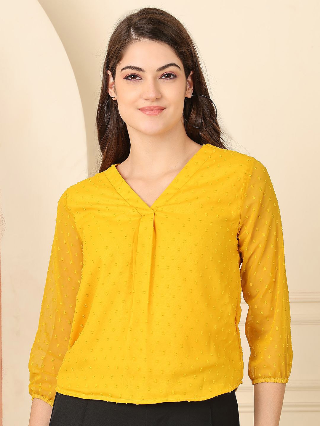 

NEUDIS Chiffon Self-Designs V-Neck 3/4th Sleeves Tops, Yellow