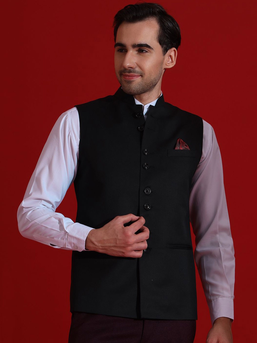 

TAHVO Pure Cotton Woven Mandarin Collar Nehru Jacket, Black
