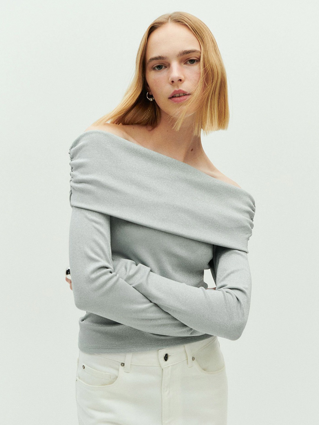 

H&M Gathered Off-The-Shoulder Top, Grey