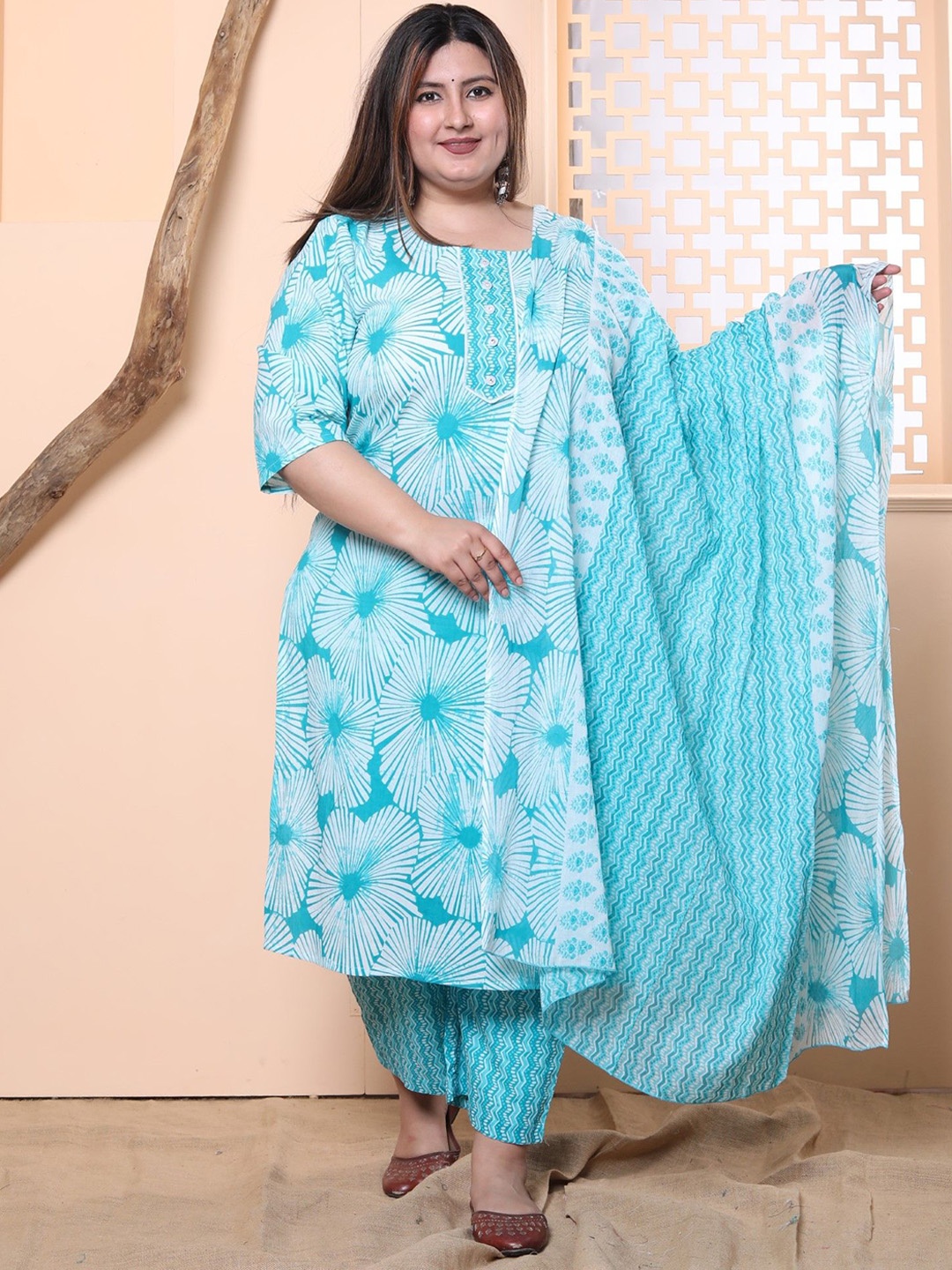 

Swasti Women Floral Printed Regular Sequinned Pure Cotton Kurta with Trousers & With Dupatta, Blue