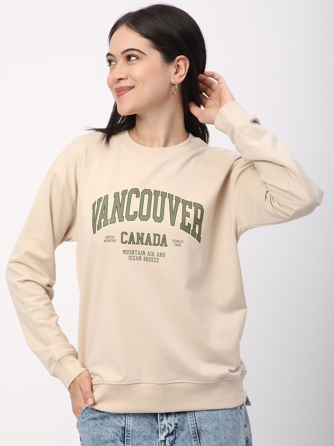 

R&B Women Printed Round Neck Pullover Cotton Sweatshirt, Beige