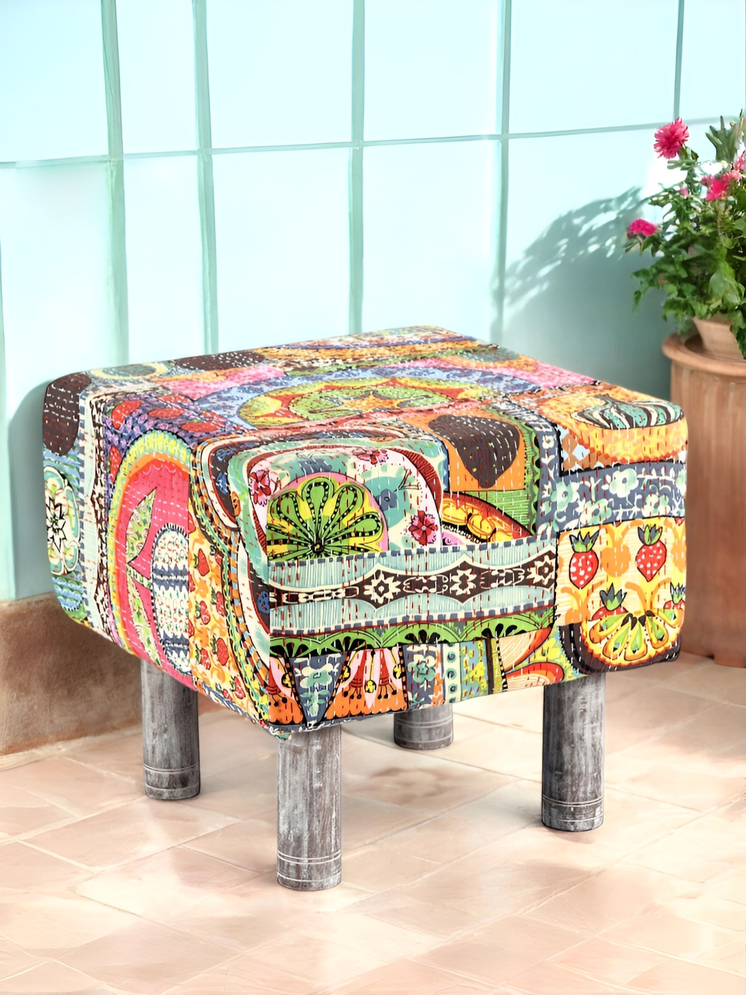 

Ikiriya Green & Yellow Printed Wooden Cotton Square Ottoman