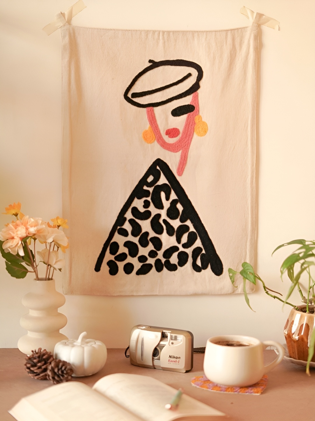 

HYPPY Beige & Black Printed Canvas Rectangular Tapestry