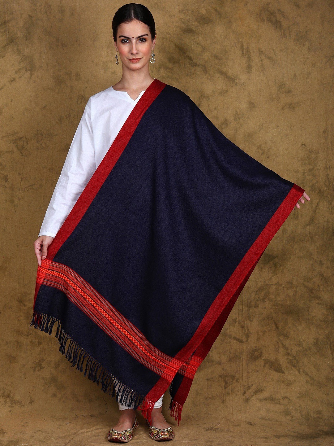 

Exotic India Patriot Blue Wool Diamond Weave Kullu Stole with Kinnauri Border