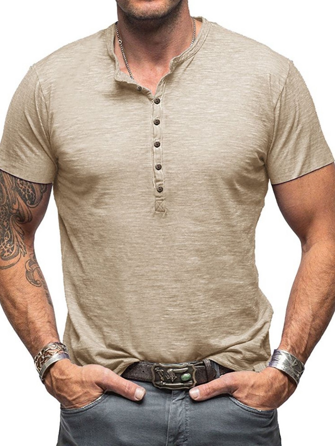 

StyleCast x Revolte Men Solid Mandarin Collar Cotton T-shirt, Beige